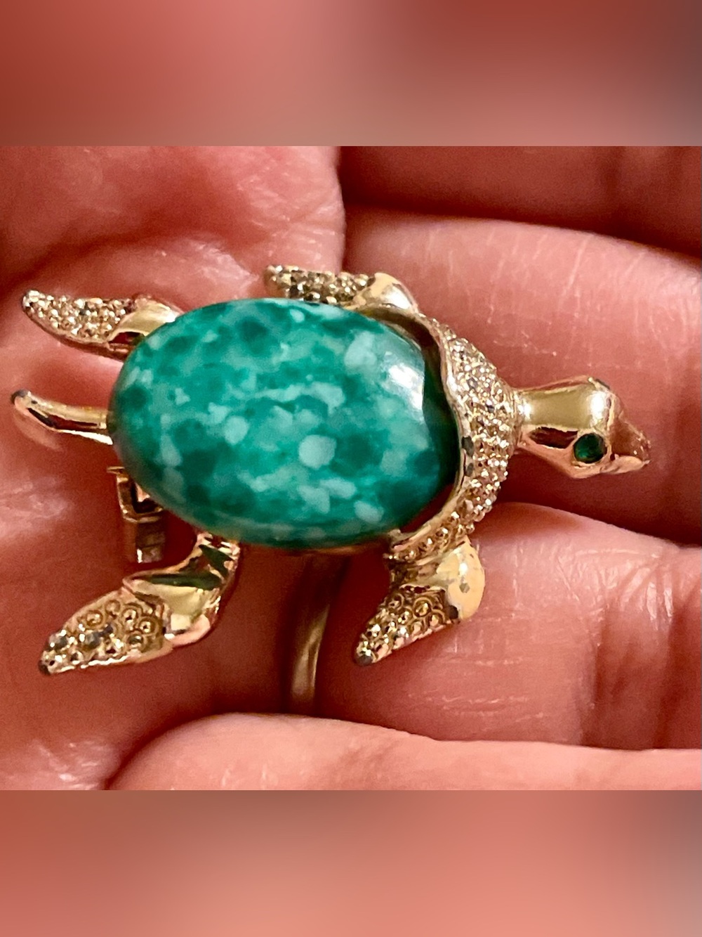 Vintage Gold Turtle Brooch with Teal Stone Shell - Picture 2 of 4